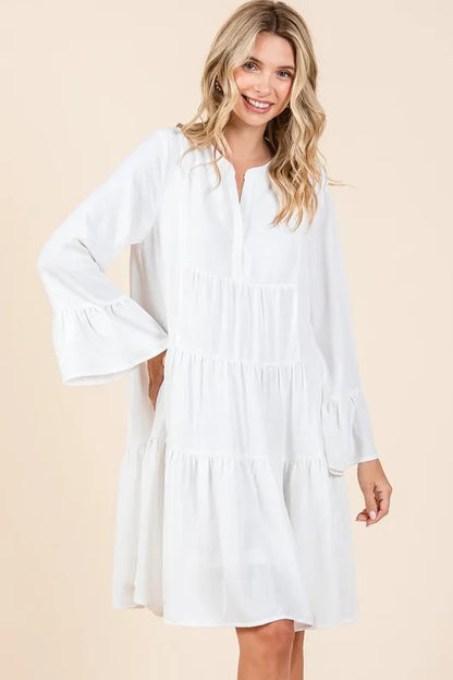 Tiered Notched Flare Sleeve Dress - Ivory - product view 1