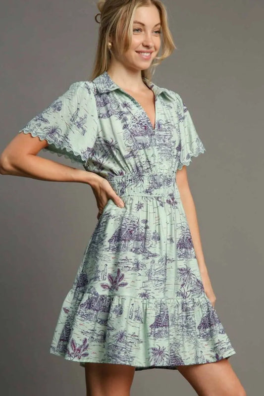 Full Size Landscape Print Collared Mini Dress Plus Size - Light Green - product view 1