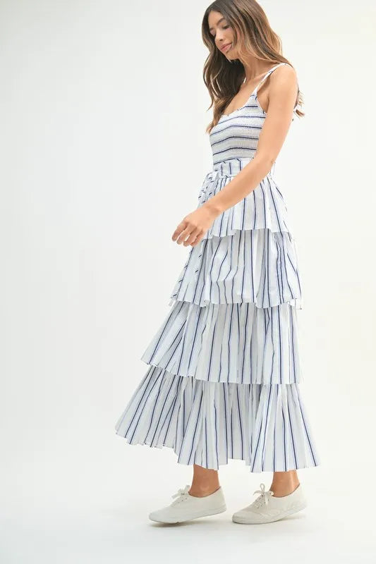 Pin Stripe Smocked Bodice Layered Midi Dress in Off White - product view 3