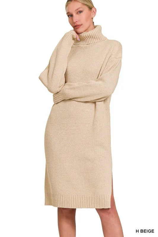 Turtle Neck Long Sleeve Midi Sweater Dress - H Beige - product view 1