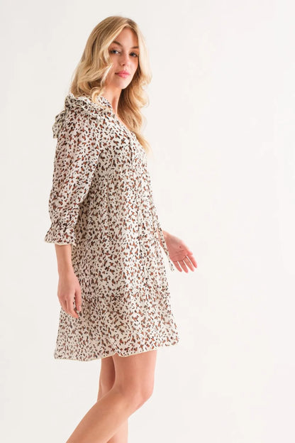 Leopard Ruffle Hem Woven Mini Dress in Ivory - product view 2