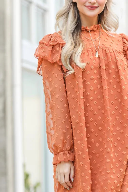 Lovely Ruffle Shoulder with Textured Woven Dress in Camel - product view 9