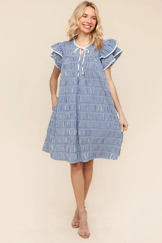 Double Ruffle Sleeve Dress with Side Pockets in Navy - product view 3
