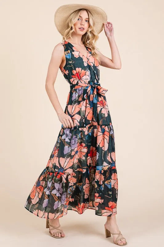 Floral Print Sleeveless Tie Waist Maxi Dress in Multi - product view 9