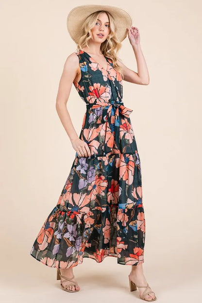 Floral Print Sleeveless Tie Waist Maxi Dress in Multi - product view 9