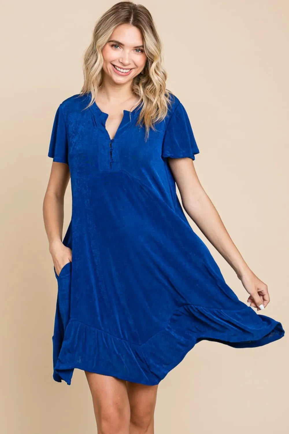 Full Size Short Sleeve Ruffled Asymmetric Hem Dress - Royal - product view 1