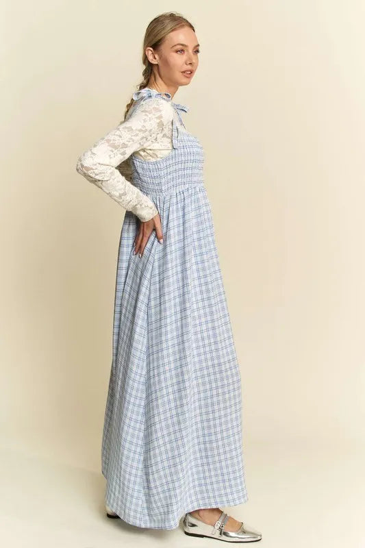 Plaid Smocking Sleeveless Maxi Dress in Blue - product view 2