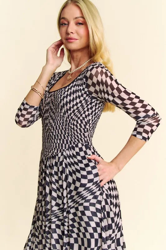 Printed Checker Mesh Flowy Maxi Dress in Black - product view 2