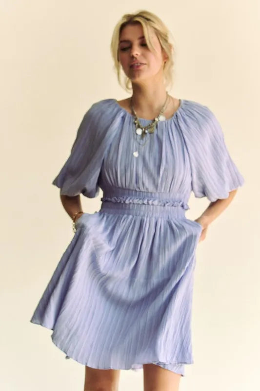 Back Button Puff Sleeve Mini Dress in Lavender - product view 4