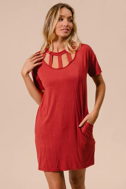 Front Cutout Mini Tee Dress with Pockets in Ginger - product view 7