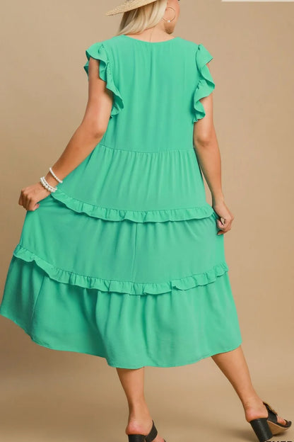Full Size Ruffle Tiered Cap Sleeve Midi Dress Plus Size in Emerald - product view 7