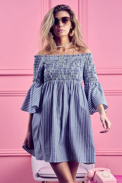 Smocked Off Shoulder Striped Dress - Denim - product view 1