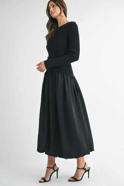 Ribbed Poplin Mix Midi Sweater Dress in Black - product view 9