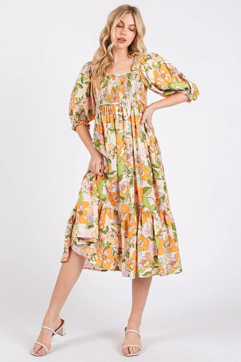 Flower Print Puff Sleeve Ruffle Smocked Midi Dress - Orange - product view 1