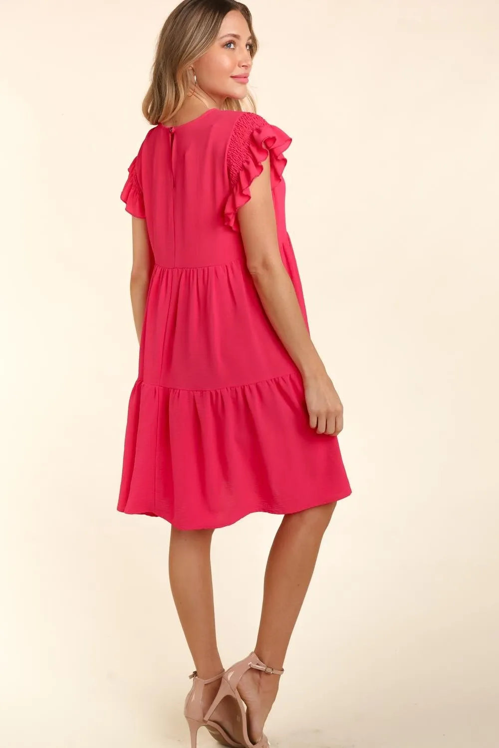 Full Size Smocking Ruffle Short Sleeve Dress with Pockets in Fuchsia - product view 4
