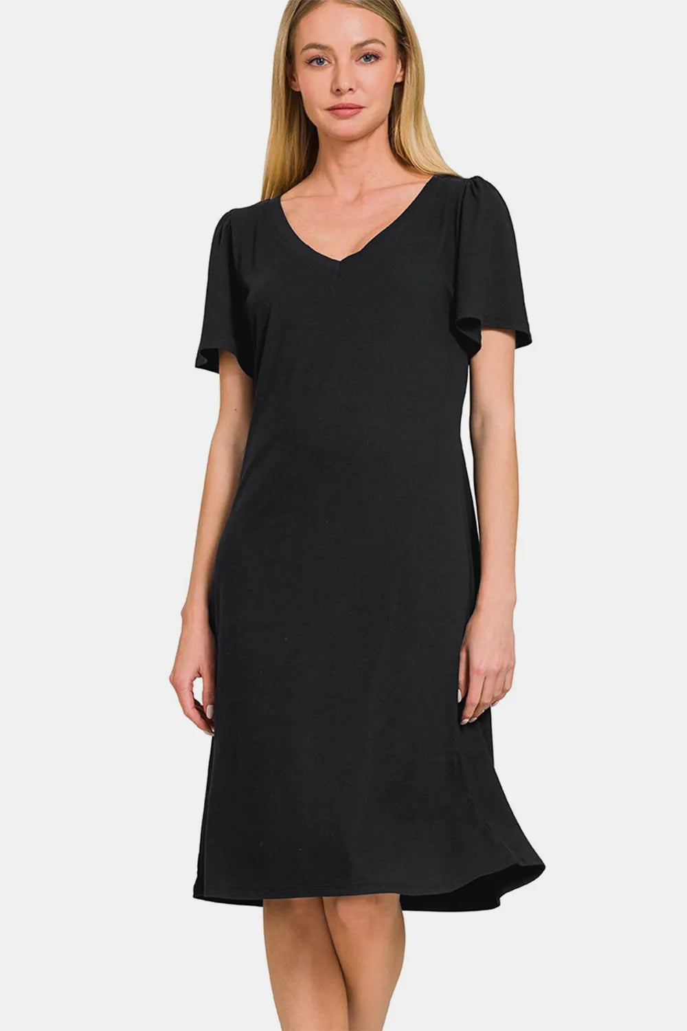 V-Neck Short Sleeve Dress - Black - Zenana - product view 1