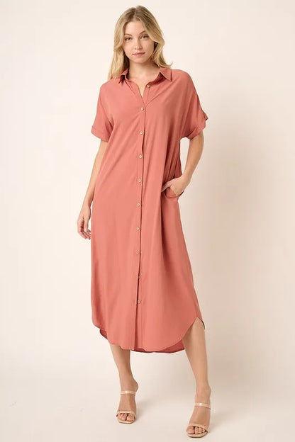 Collared Neck Dolman Short Sleeve Midi Shirt Dress in Clay - product view 4