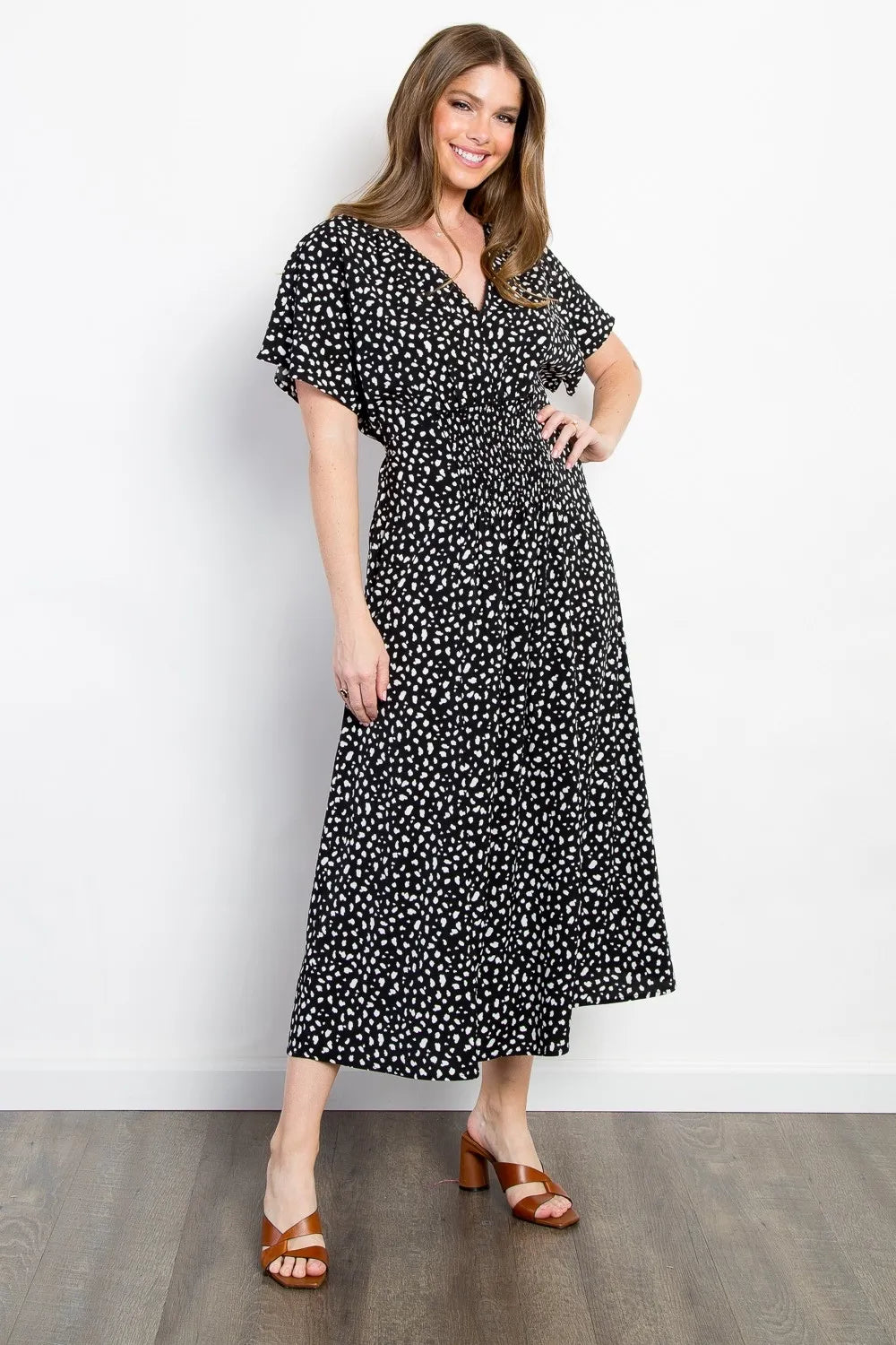 Full Size Printed Smocked Waist Dress in Black - product view 3