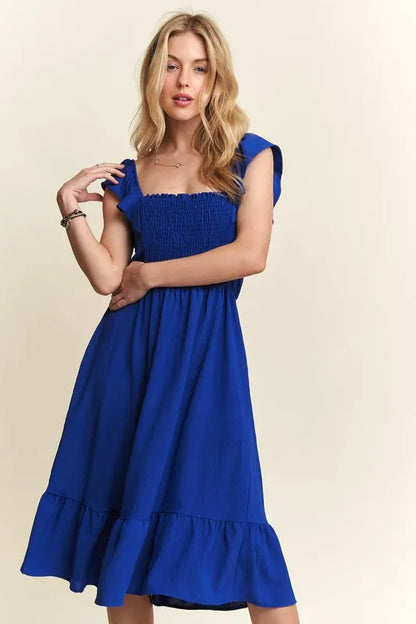 Smocked Square Neck Ruffled Cap Sleeve Dress in Royal Blue - product view 6