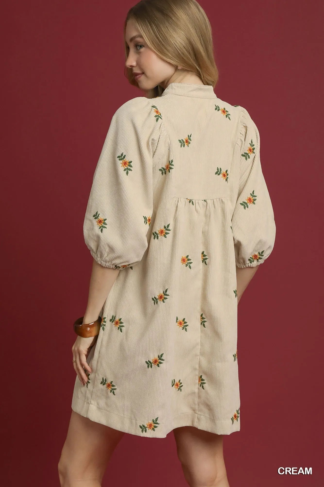 Corduroy Babydoll Dress with Floral Embroidery - Cream - product view 4