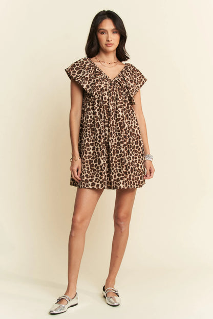 Animal Printed Velvet Ribbon Mini Dress in Leapard Brown - product view 5