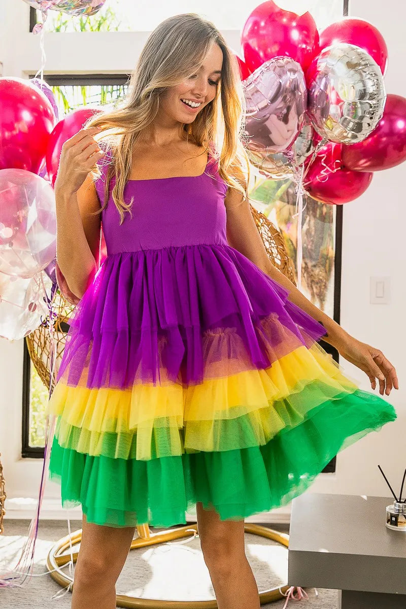 Mardi Gras Color Block Layered Mesh Tiered Dress in Purple/Mustard/Green - product view 5