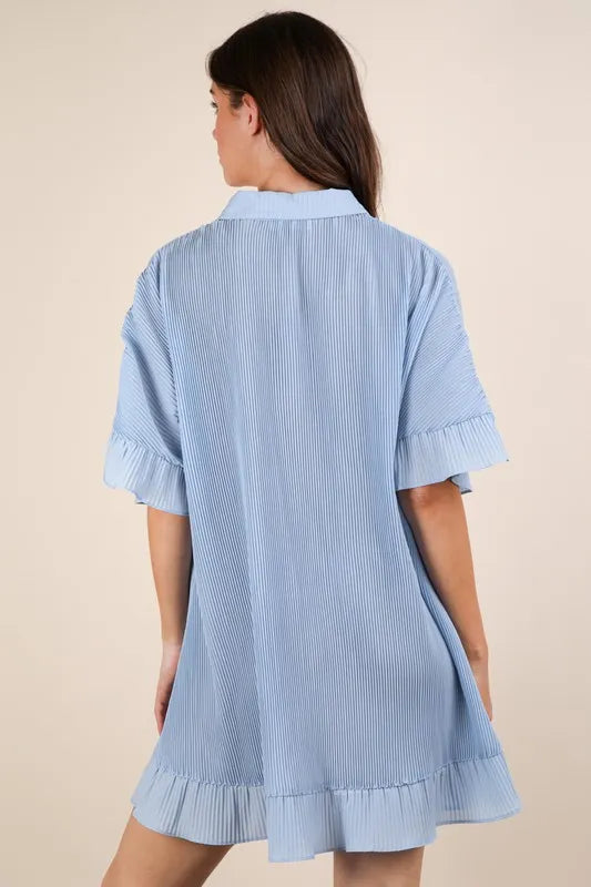 Pleated Detail Button Down Mini Dress - Sky - product view 4