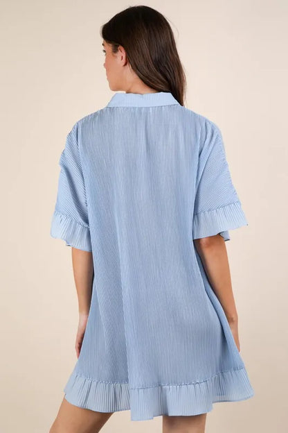 Pleated Detail Button Down Mini Dress - Sky - product view 4