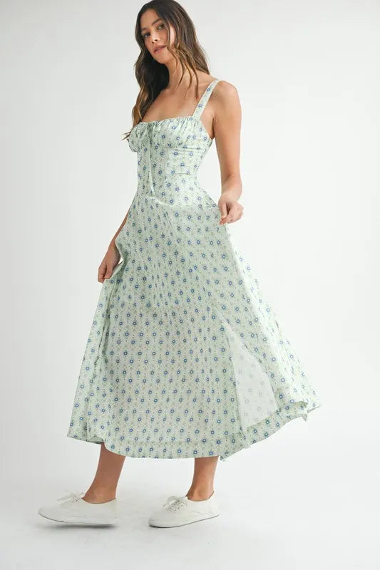 Floral Print Bustier Back Lace Up Midi Dress - Mint - product view 3