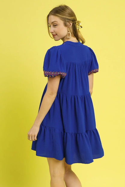 Floral Trim Puff Sleeve Mini Dress - Dark Blue - product view 3