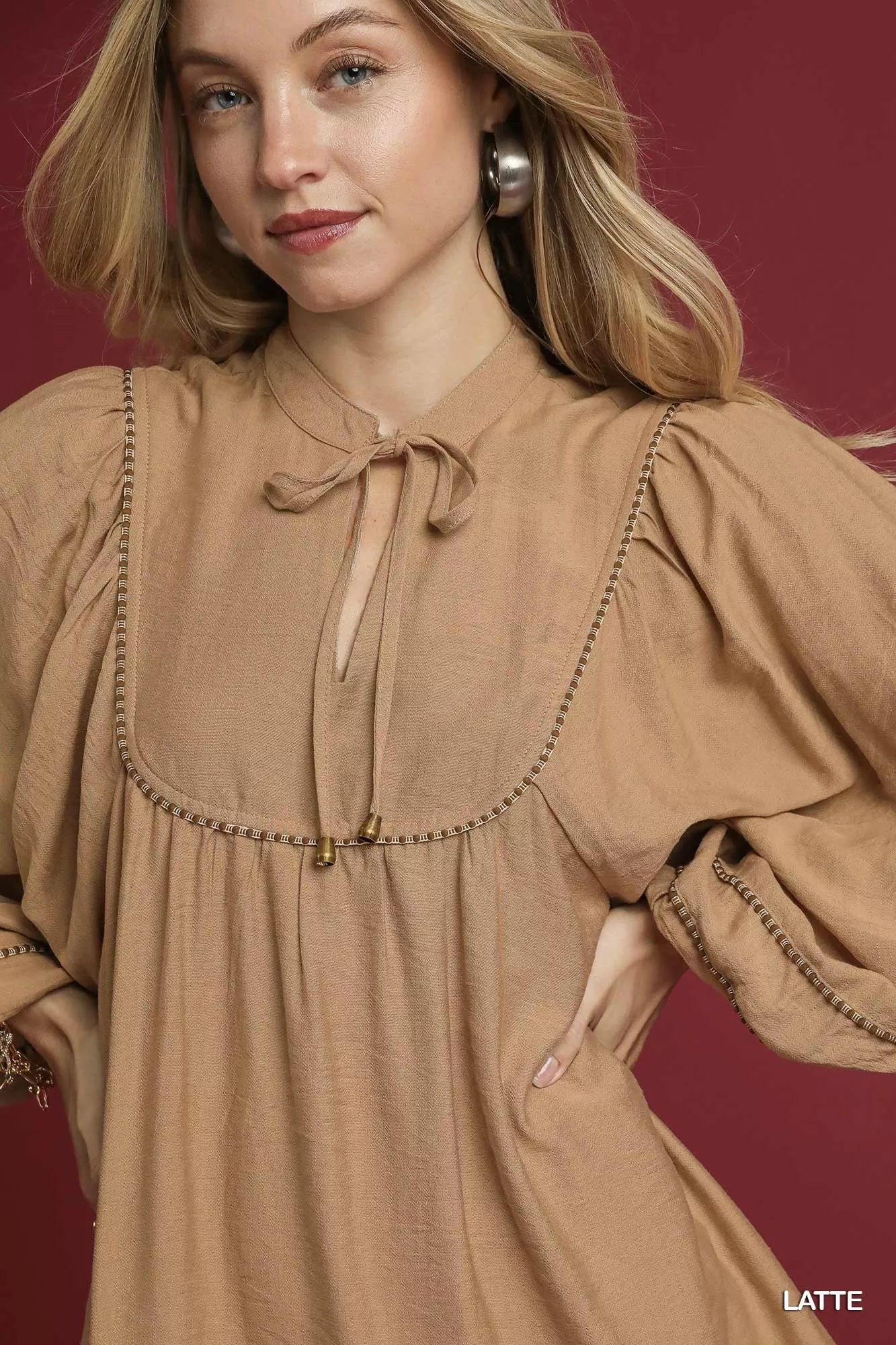 Boho Peasant Mini Dress with Trim Detail in Latte - product view 5