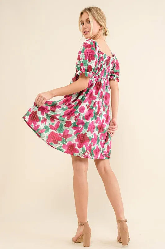 Smocked Floral Ruffle Short Sleeve Mini Dress in Fuchsia - product view 2