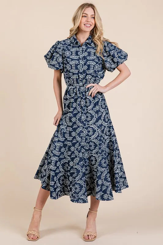 Natural Leaf Pattern Eyelet Lace Puff Sleeve Dress in Navy - product view 3