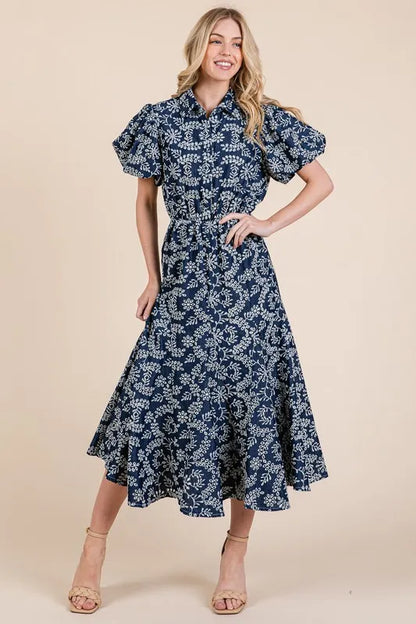 Natural Leaf Pattern Eyelet Lace Puff Sleeve Dress in Navy - product view 3