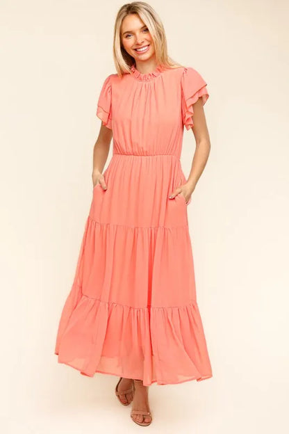 Full Size Tiered Frill Mock Neck Short Sleeve Dress in Peach - product view 4