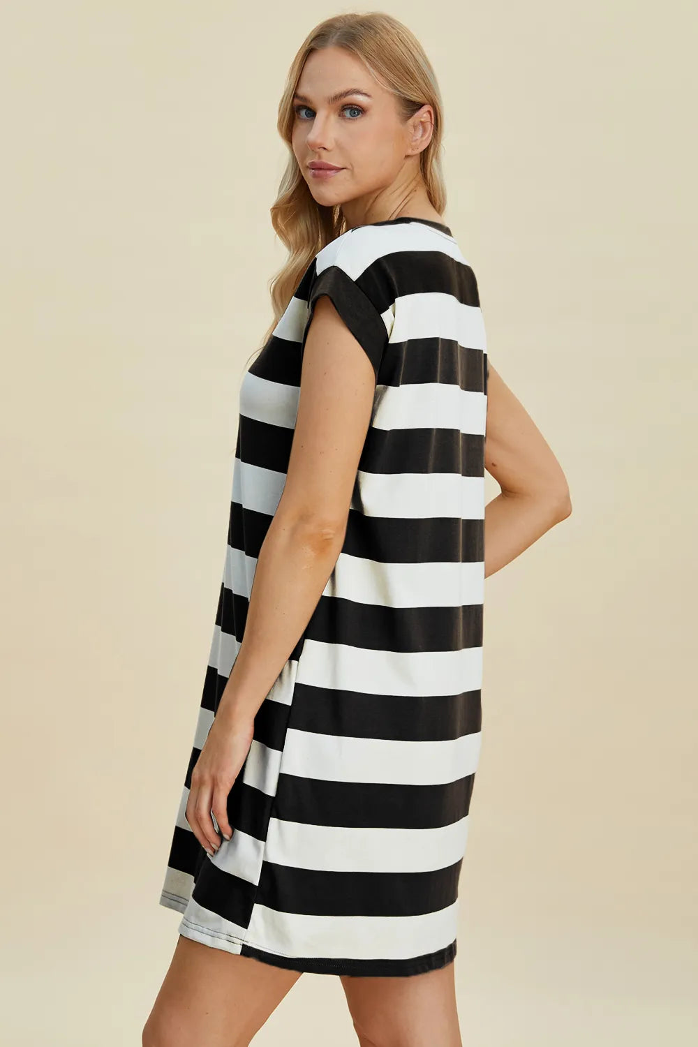 Full Size Striped Round Neck Cap Sleeve Mini Dress in Black, Camel and Dusty Blue - product view 5
