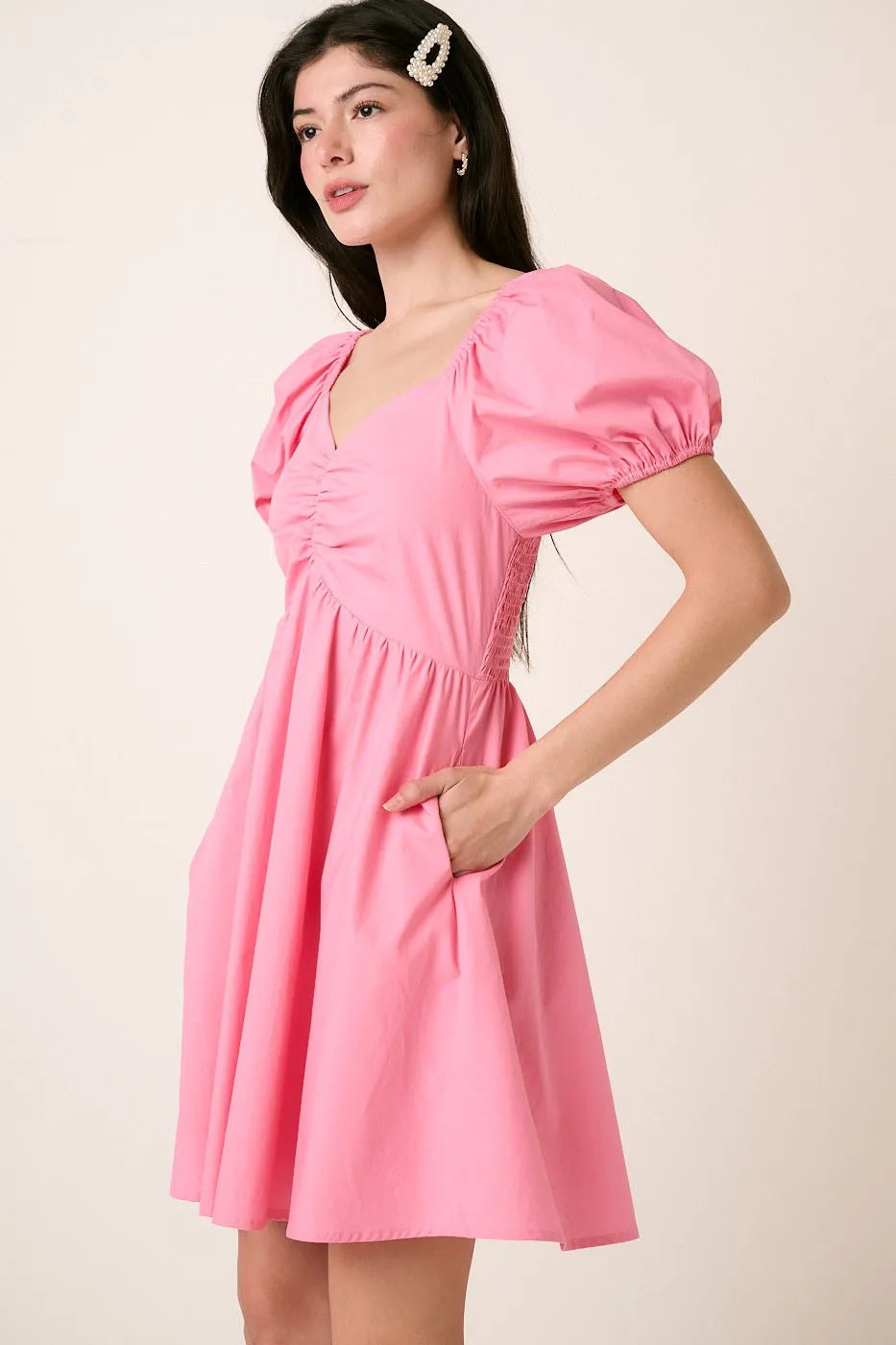 Sweetheart Puff Sleeve Smocked Mini Dress in Pink - product view 5