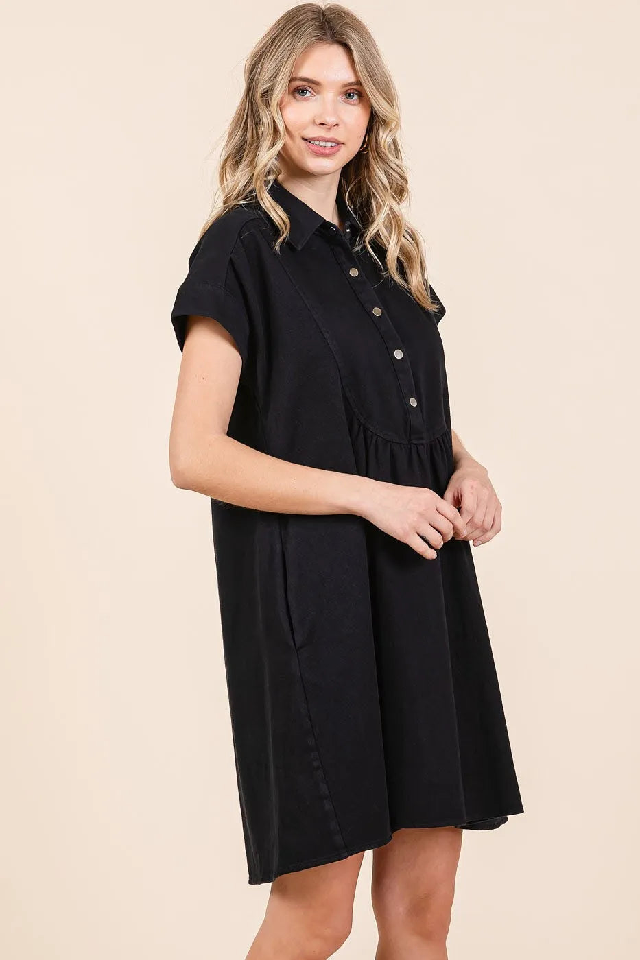 Twill Short Sleeve Collared Mini Dress - Black - product view 4