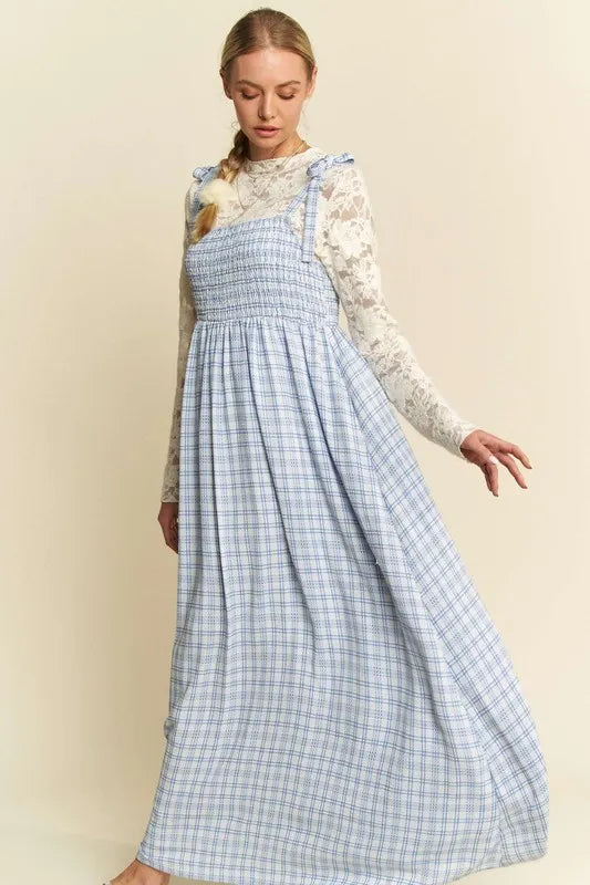 Plaid Smocking Sleeveless Maxi Dress in Blue - product view 5