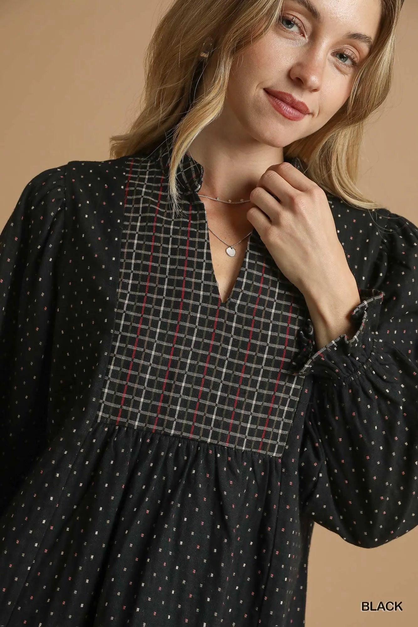 Polka Dot Plaid Trim Babydoll Dress in Black - product view 5