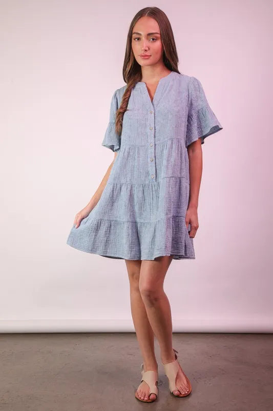 Mineral Washed Baby Bell Sleeve Woven Mini Dress in Denim - product view 4