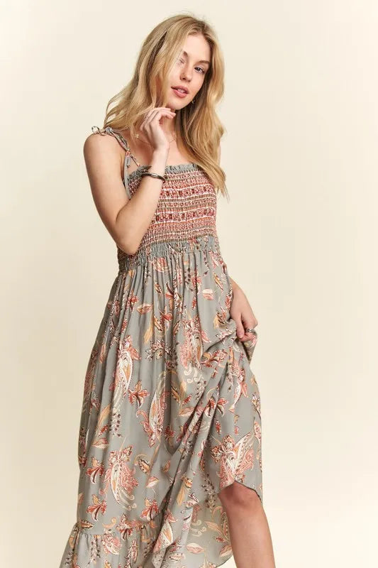 Smocked Printed Square Neck Tie Shoulder Cami Dress - Sage - product view 5