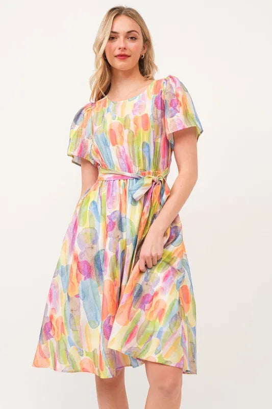 Watercolor Print Tie Front Midi Dress - Orange Combo - product view 6