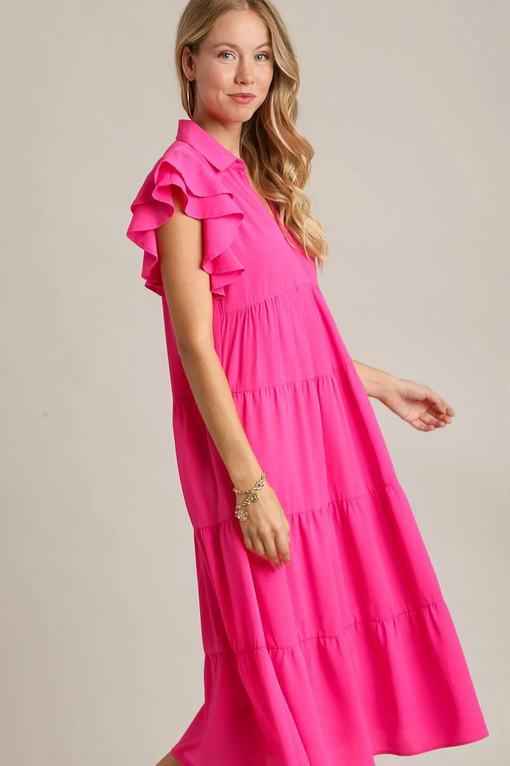Full Size Johnny Collar Ruffle Cap Sleeve Tiered Dress Plus Size - Hot Pink - Umgee USA - Style 11036 - product view 3