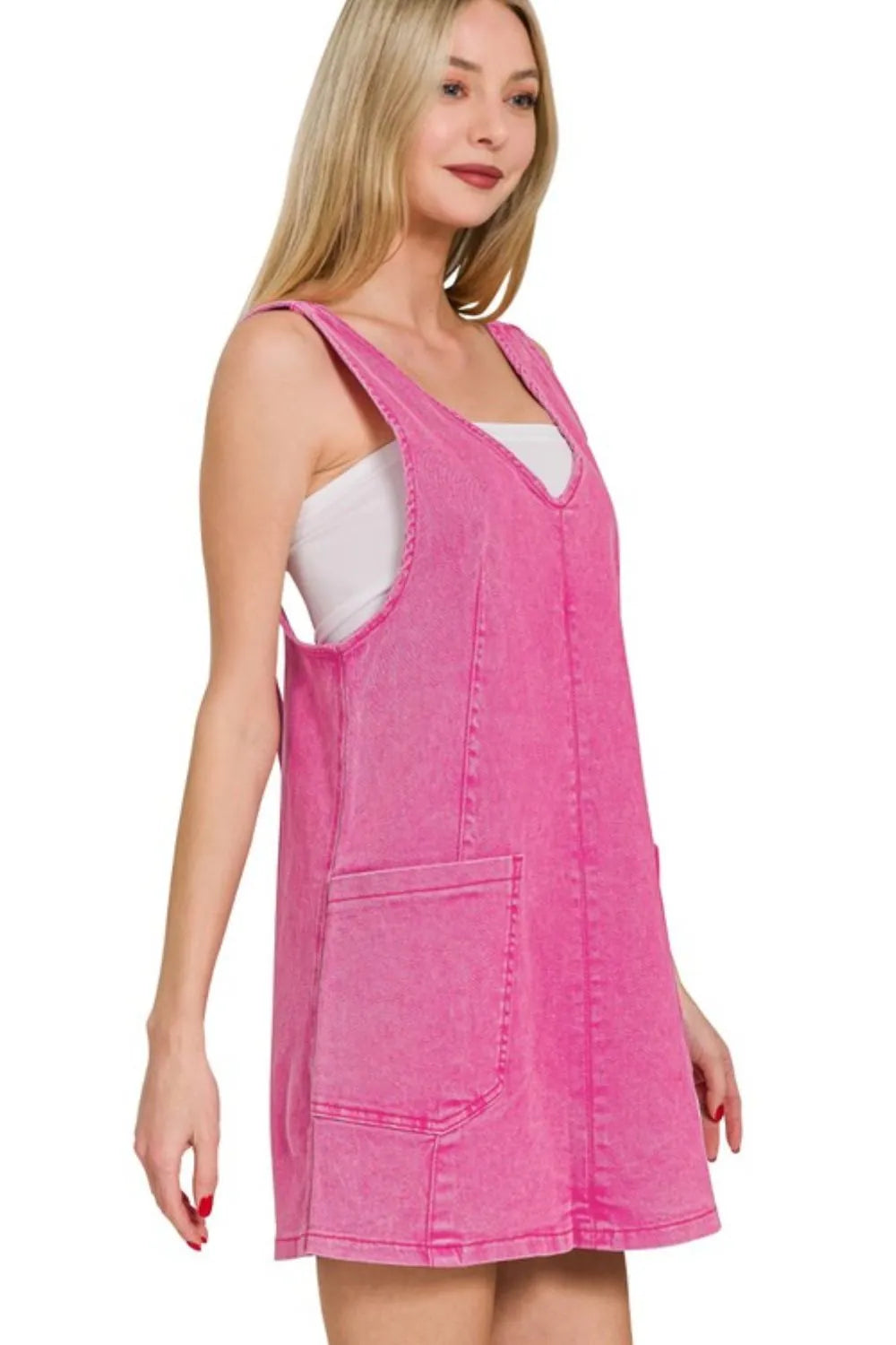 Washed Adjustable Strap Denim Overall Dress - Hot Pink - product view 2