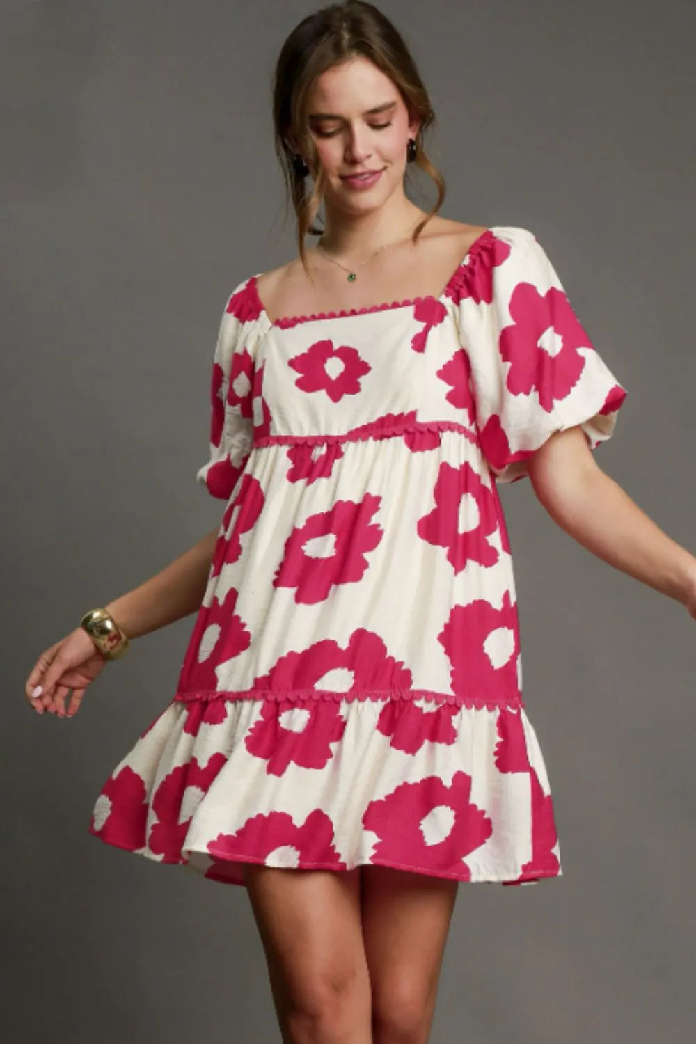 Full Size Contrast Floral Short Sleeve Mini Dress Plus Size in Deep Rose - product view 1