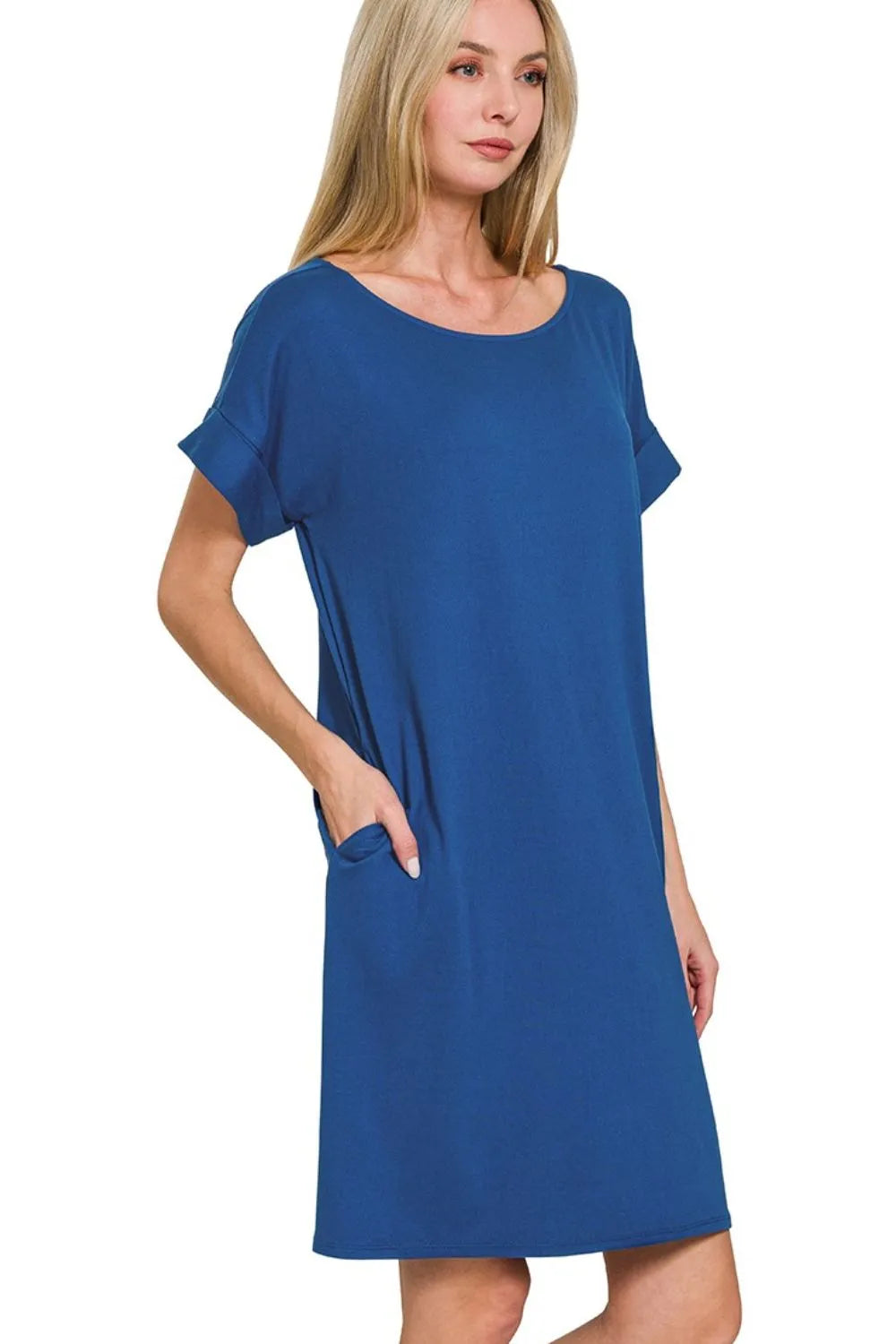 Rolled Short Sleeve Round Neck Dress - Lt Navy - product view 1