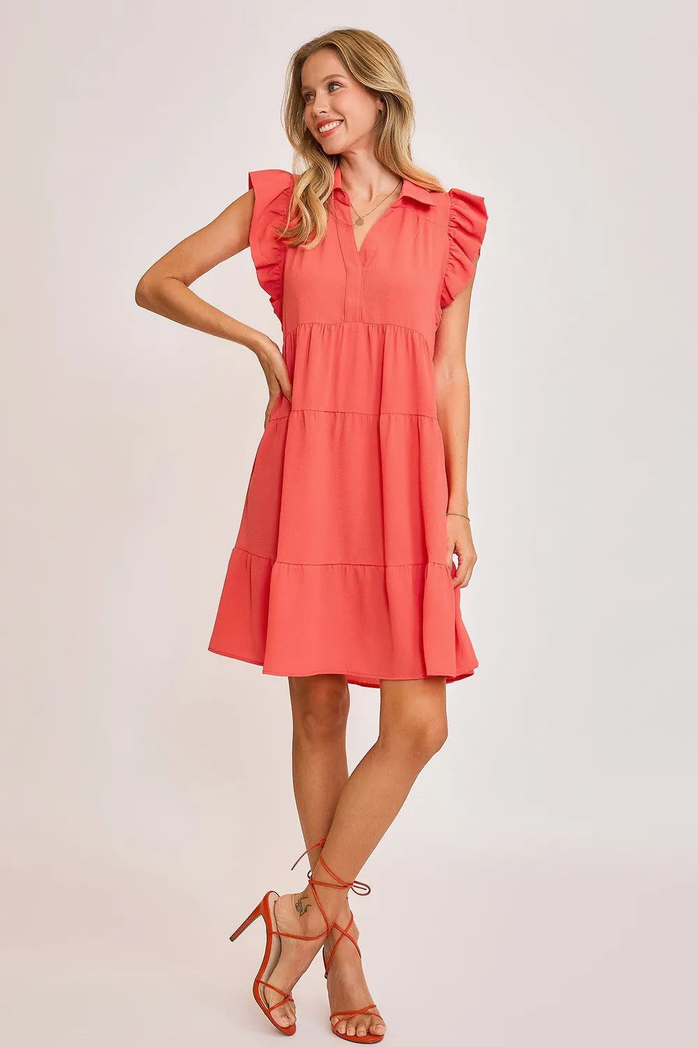 Full Size Johnny Collar Ruffle Cap Sleeve Tiered Dress Plus Size - Strawberry - product view 4
