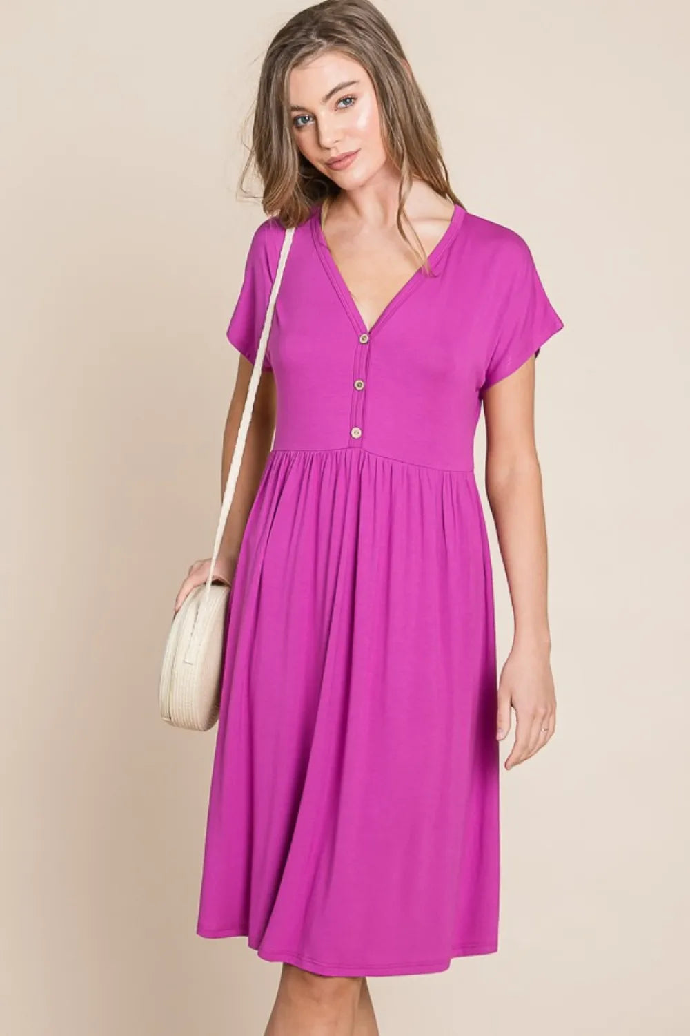 V-Neck Short Sleeve Dress - Magenta - product view 5