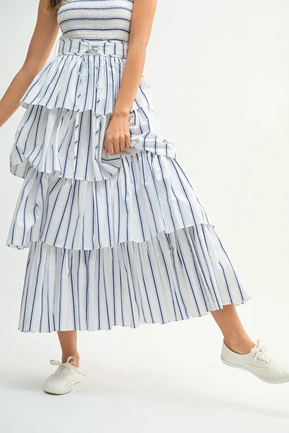 Pin Stripe Smocked Bodice Layered Midi Dress in Off White - product view 7